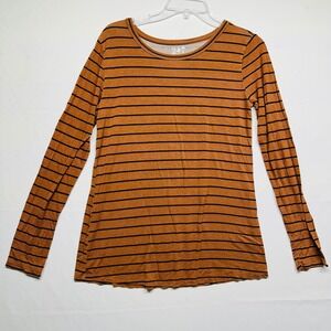 Maurices 24/7 Brown Black Striped Long Sleeved Crew Neck Soft Top Womens Small